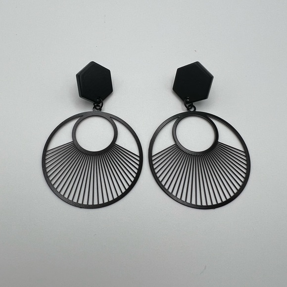 Black Art Deco Geometric Classic Dangle Earrings - Minimalist Statement Earrings - Picture 4 of 14